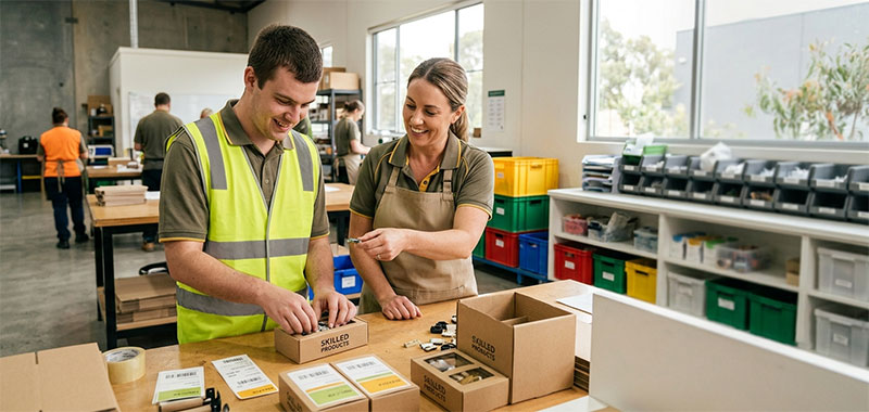 Participant with disability working in an inclusive, supported workplace with a job coach nearby